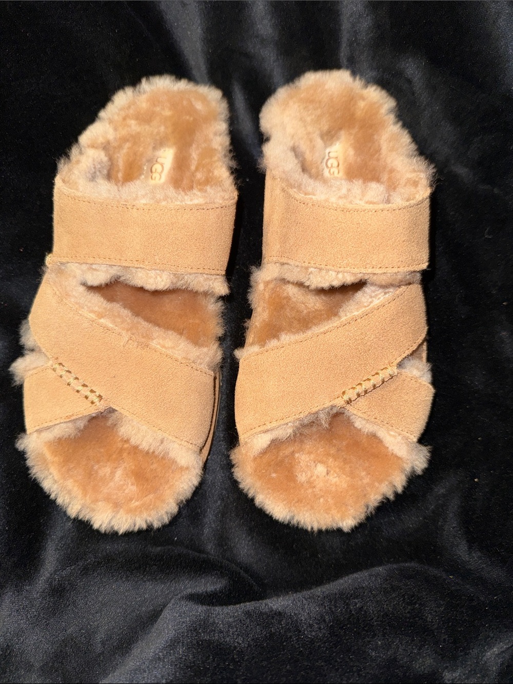 UGG Chestnut Suede Shearling Cross-Band Slide Sandals for Women